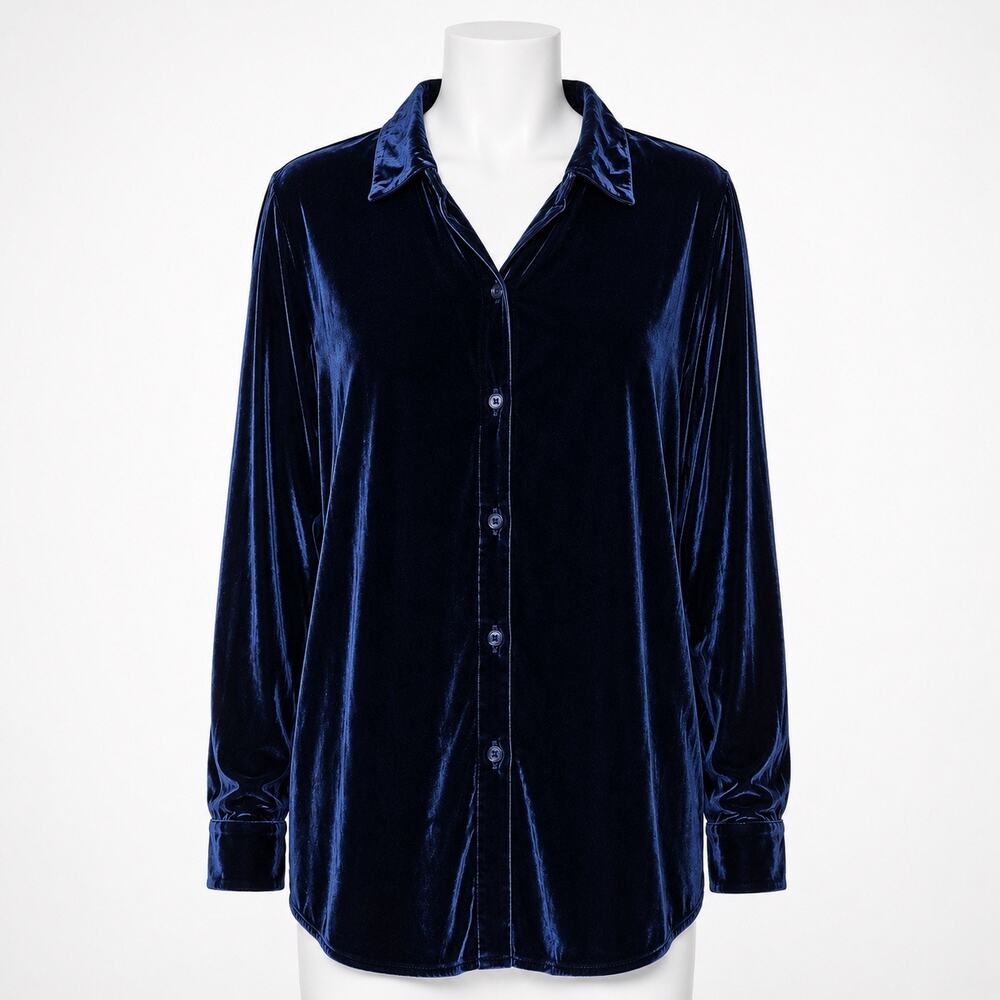Carolyn Taylor Top Women’s Size M Dark Blue Velvet Velour Long Sleeve Button Up